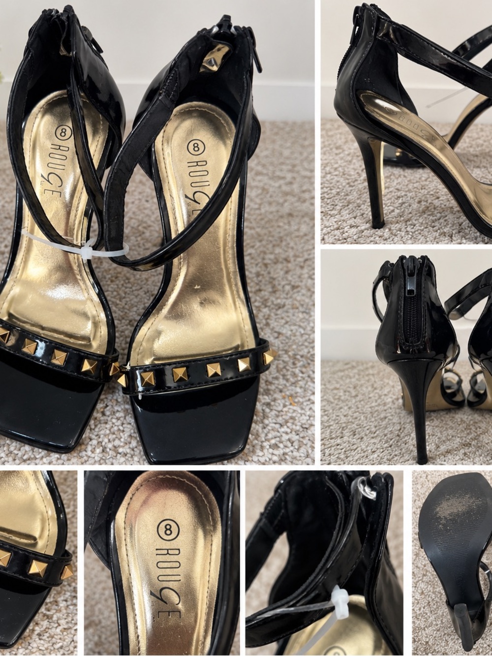 Rouge Helium Women's Black Patent Studded Ankle-Strap Heels